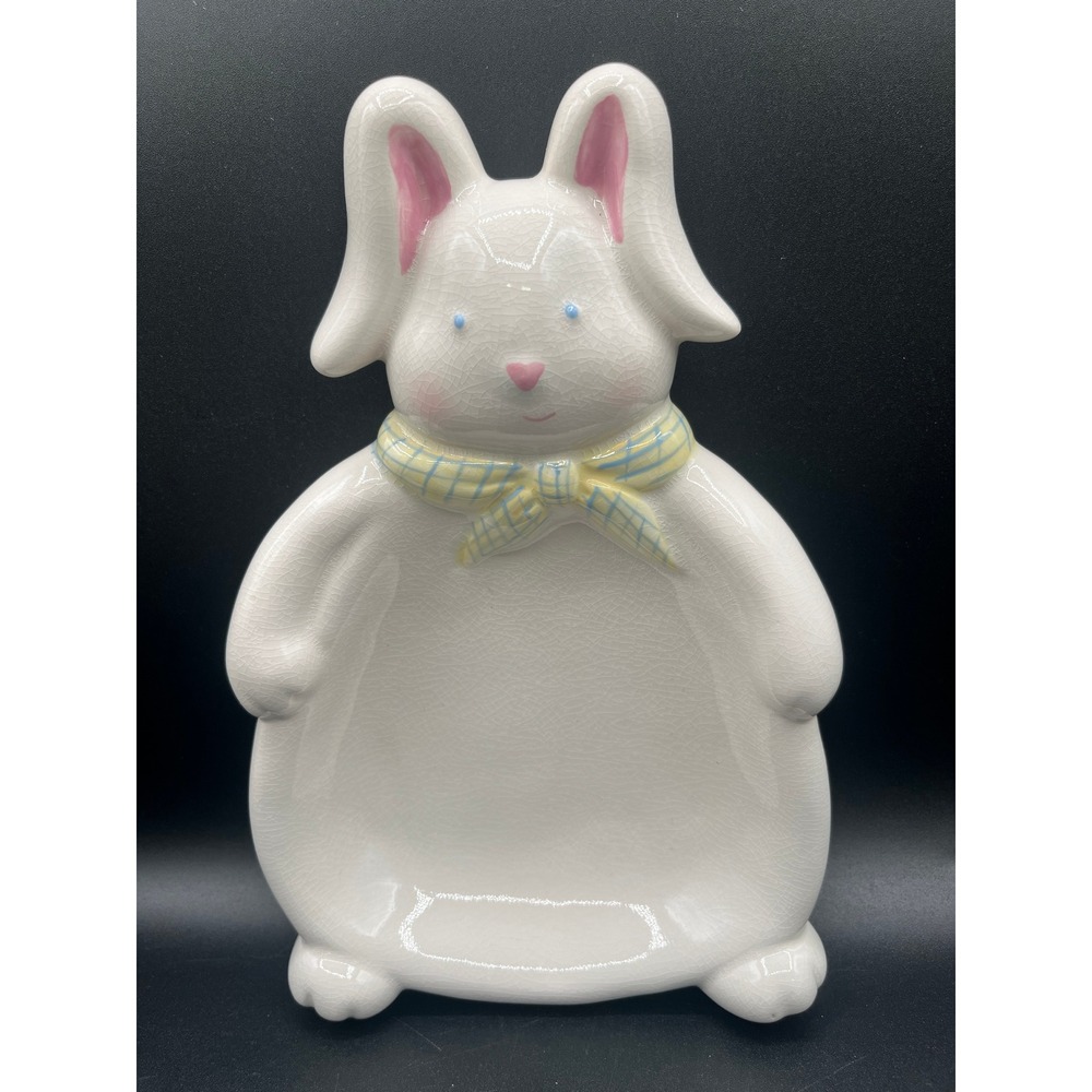 Ceramic Bunny Rabbit Dish Plaid Bow Easter Candy Trinket Tray Spoon Rest 9x5.75"